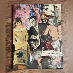 Vintage magazine clippings collage art on stretched canvas 12x9” hand made